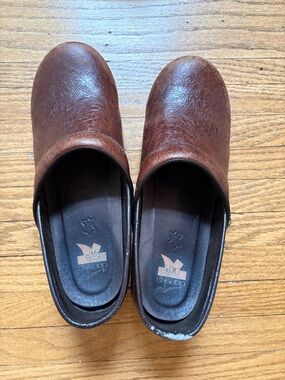Dansko Brown Embossed Leather Slip-On Clogs